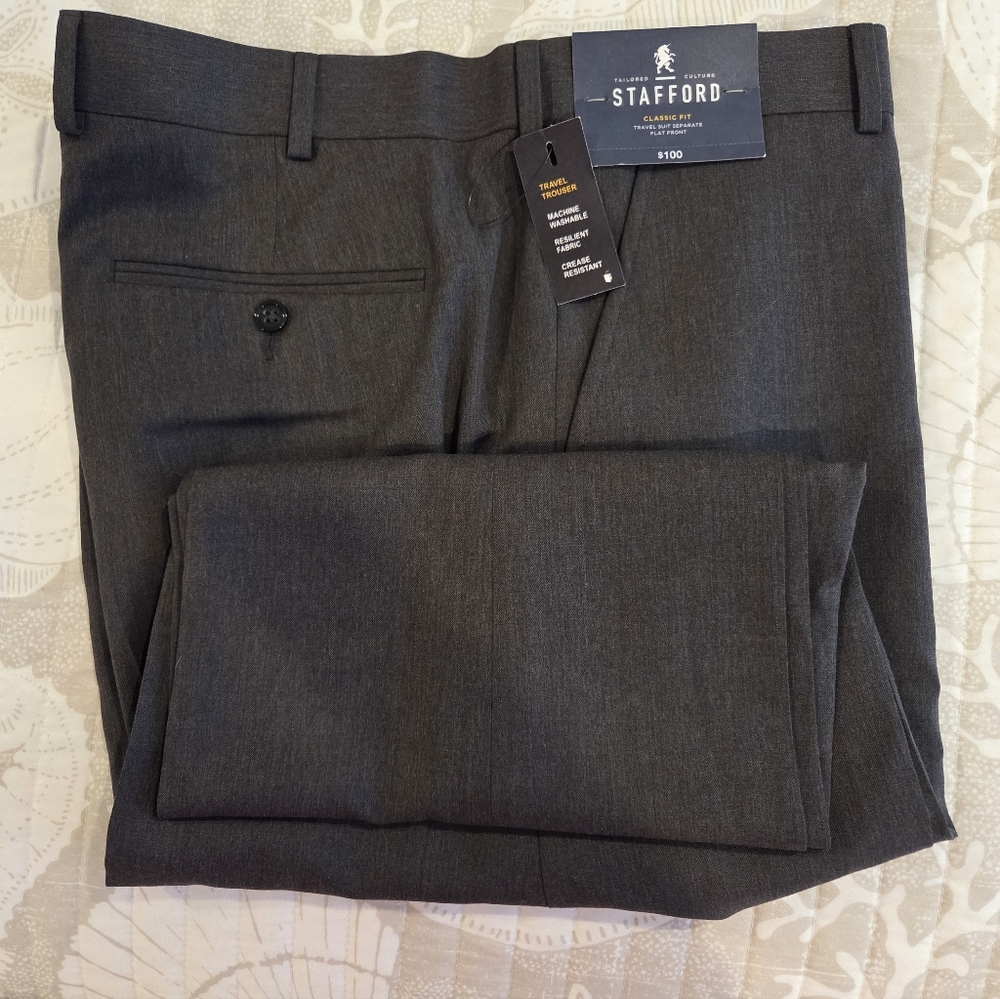 Stafford Men's Dress Pants -Travel Trouser. Classic Fit 40 X 30 Dark Gray NEW